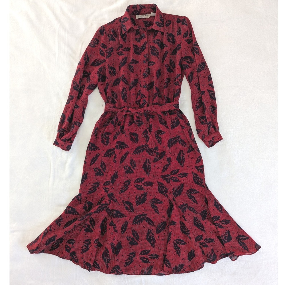Vtg Schrader Sport Ree & Navy Leaf Print‎ Button Front Belted Shirt Dress Size 6
